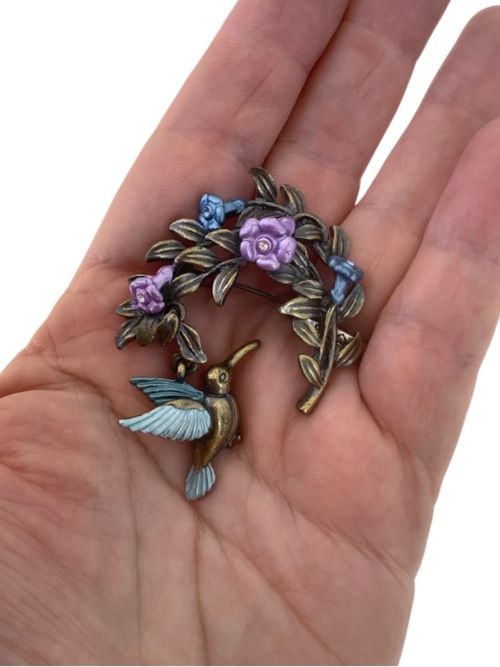 Vintage-Style Hummingbird and Floral Brooch - Purple & Blue